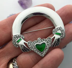 Beautiful Claddagh Pin with CZ and Green Enamel (JPEW6030)