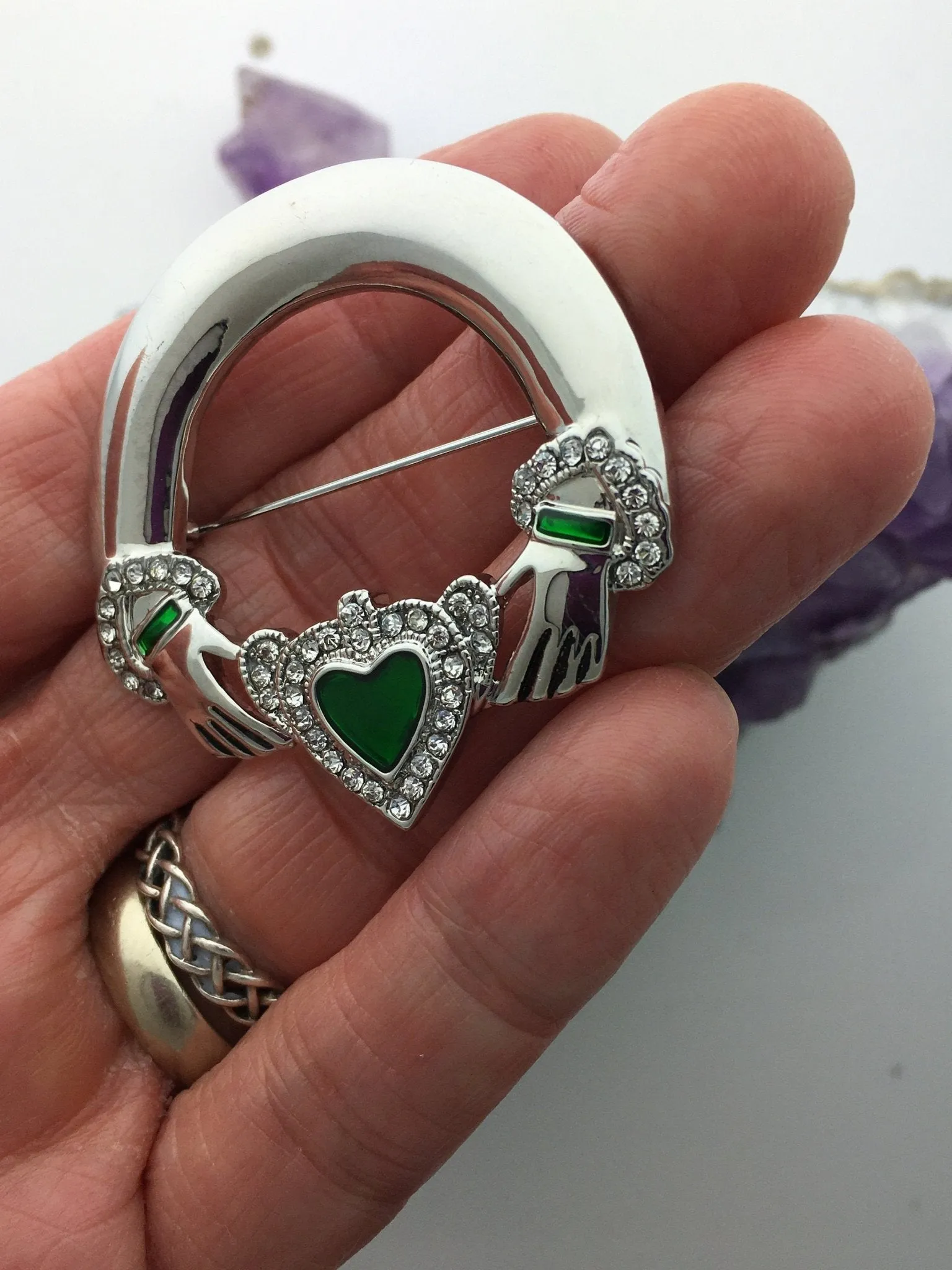 Beautiful Claddagh Pin with CZ and Green Enamel (JPEW6030)