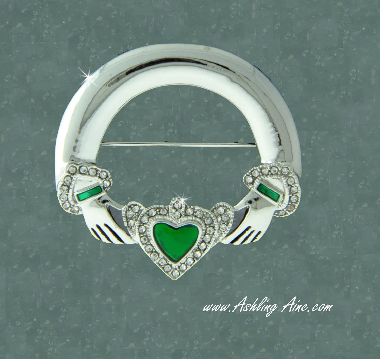 Beautiful Claddagh Pin with CZ and Green Enamel (JPEW6030)