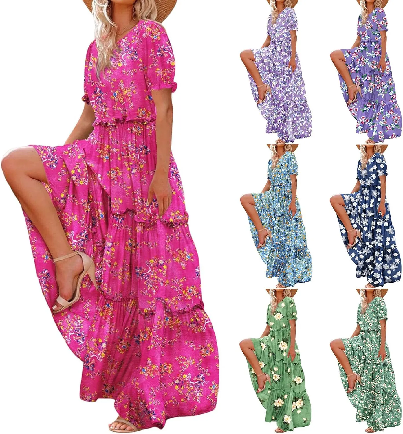 Bohemian Floral Dresses for Women Summer Crewneck Puff Short Sleeve Long Midi Dress 2025 Flowy Swing Dresses