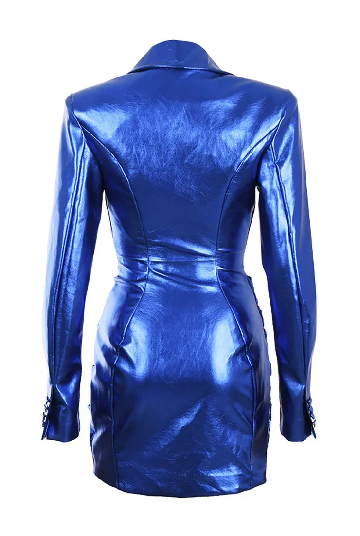 Bright Blue Leather Blazer Mini Dress