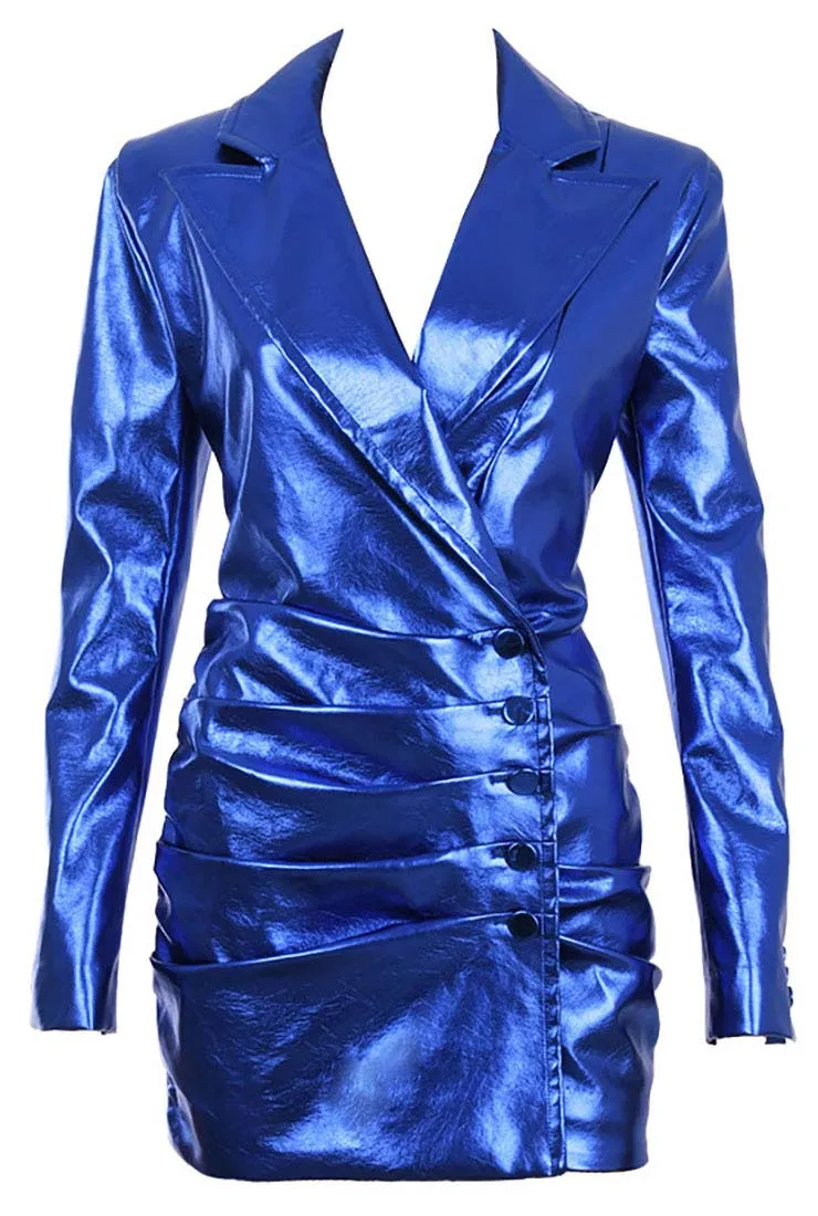 Bright Blue Leather Blazer Mini Dress