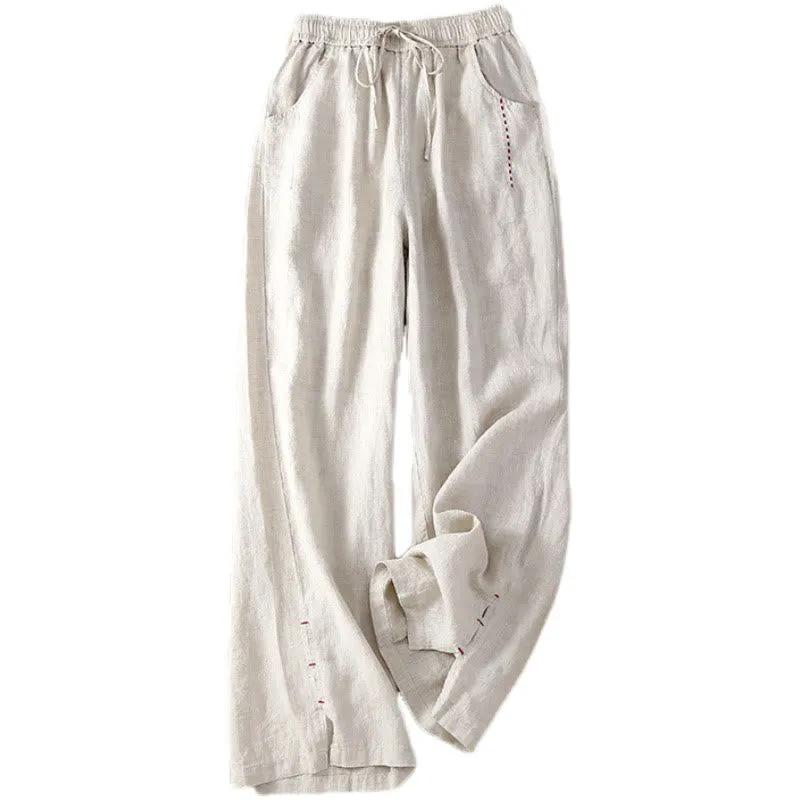 Buddha Stones Summer Casual Plain Color Embroidery Drawstring Cotton Linen Women's Wide Leg Pants With Pockets