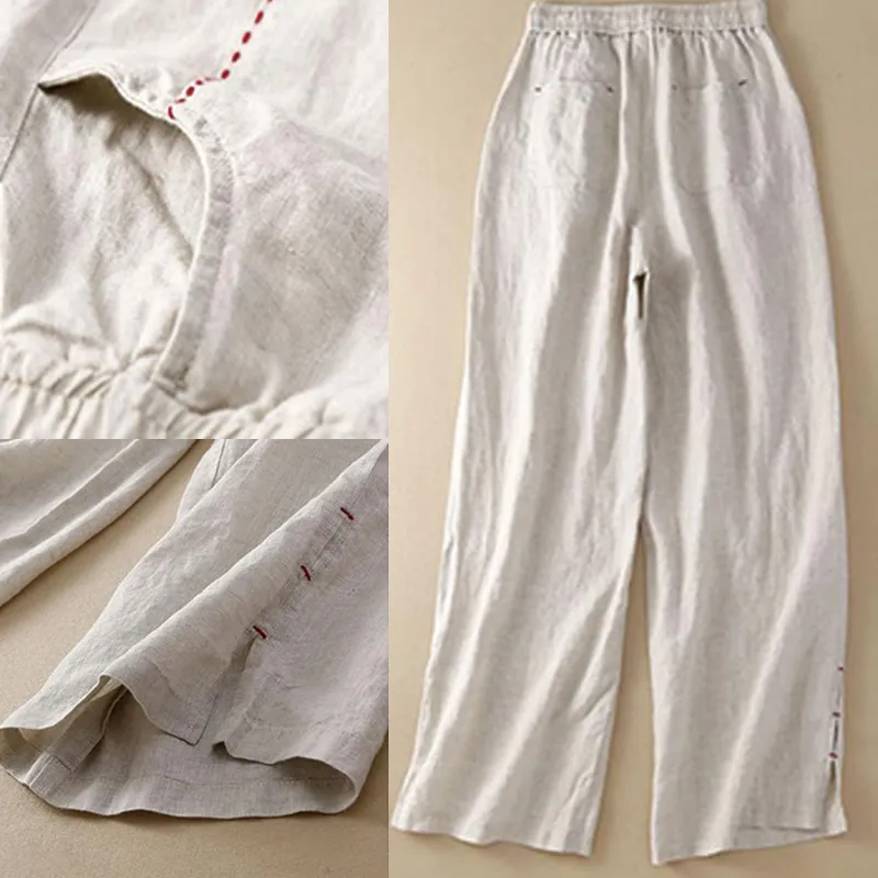Buddha Stones Summer Casual Plain Color Embroidery Drawstring Cotton Linen Women's Wide Leg Pants With Pockets