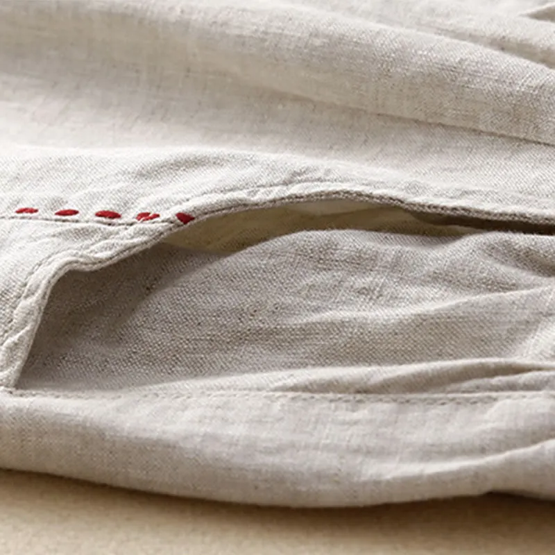 Buddha Stones Summer Casual Plain Color Embroidery Drawstring Cotton Linen Women's Wide Leg Pants With Pockets