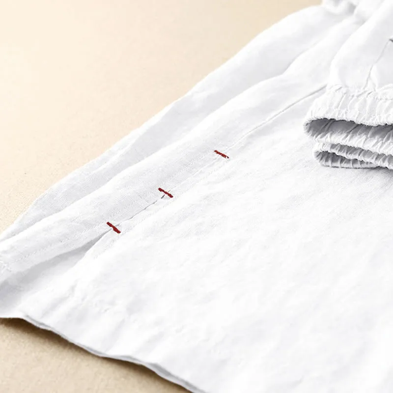 Buddha Stones Summer Casual Plain Color Embroidery Drawstring Cotton Linen Women's Wide Leg Pants With Pockets