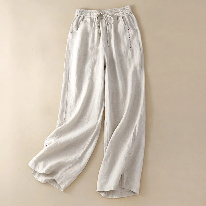 Buddha Stones Summer Casual Plain Color Embroidery Drawstring Cotton Linen Women's Wide Leg Pants With Pockets