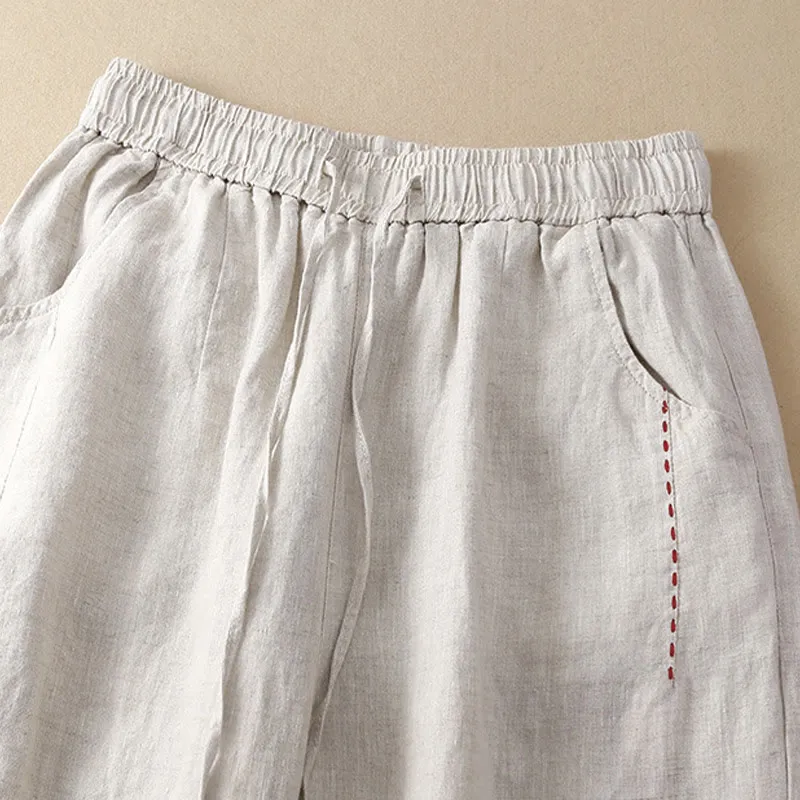 Buddha Stones Summer Casual Plain Color Embroidery Drawstring Cotton Linen Women's Wide Leg Pants With Pockets
