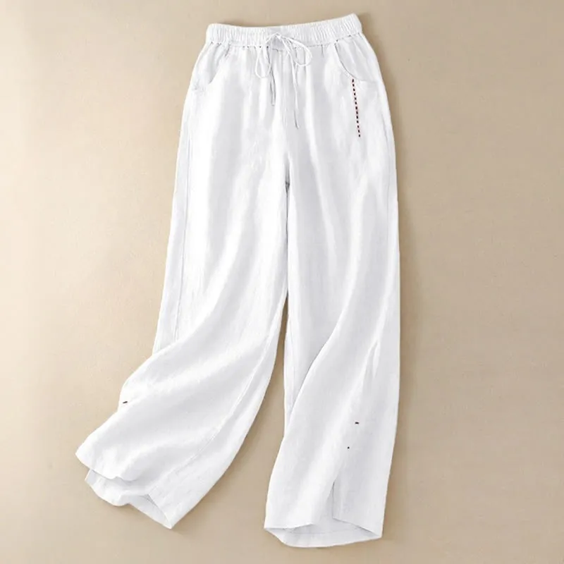 Buddha Stones Summer Casual Plain Color Embroidery Drawstring Cotton Linen Women's Wide Leg Pants With Pockets