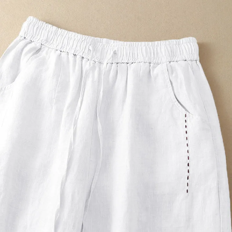 Buddha Stones Summer Casual Plain Color Embroidery Drawstring Cotton Linen Women's Wide Leg Pants With Pockets