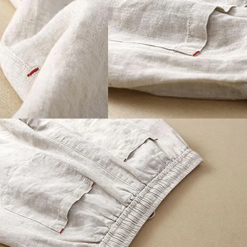 Buddha Stones Summer Casual Plain Color Embroidery Drawstring Cotton Linen Women's Wide Leg Pants With Pockets