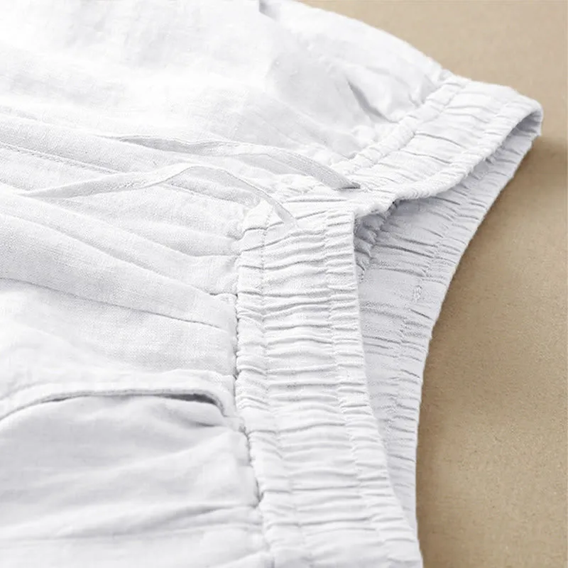 Buddha Stones Summer Casual Plain Color Embroidery Drawstring Cotton Linen Women's Wide Leg Pants With Pockets