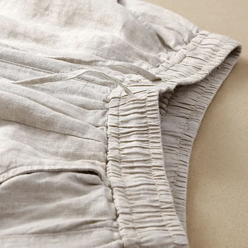 Buddha Stones Summer Casual Plain Color Embroidery Drawstring Cotton Linen Women's Wide Leg Pants With Pockets