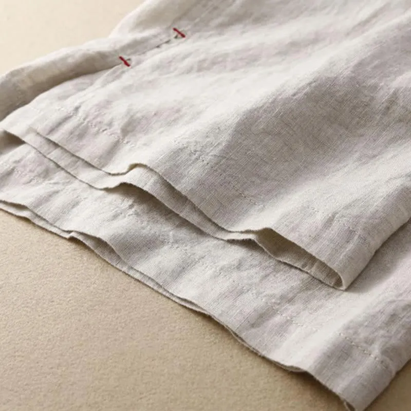 Buddha Stones Summer Casual Plain Color Embroidery Drawstring Cotton Linen Women's Wide Leg Pants With Pockets