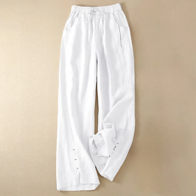 Buddha Stones Summer Casual Plain Color Embroidery Drawstring Cotton Linen Women's Wide Leg Pants With Pockets