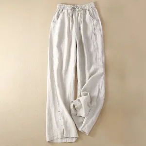 Buddha Stones Summer Casual Plain Color Embroidery Drawstring Cotton Linen Women's Wide Leg Pants With Pockets