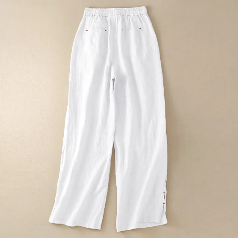 Buddha Stones Summer Casual Plain Color Embroidery Drawstring Cotton Linen Women's Wide Leg Pants With Pockets