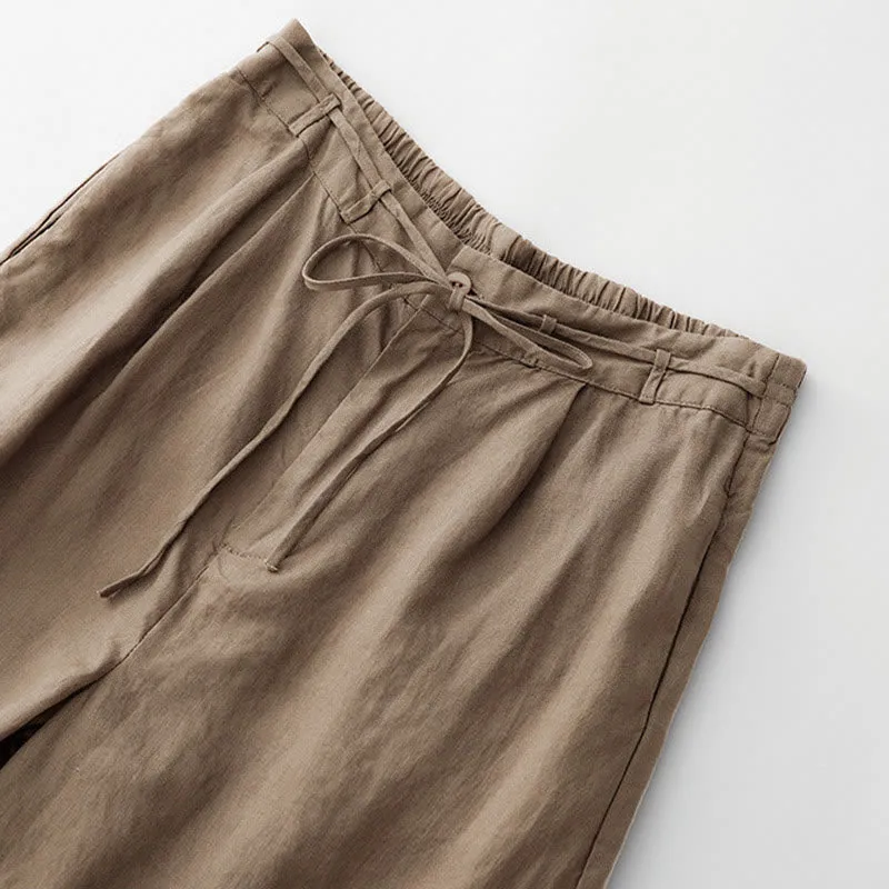 Buddha Stones Summer Plain Color Ankle-Length Drawstring Cotton Linen Women's Wide Leg Pants With Pockets Zipper