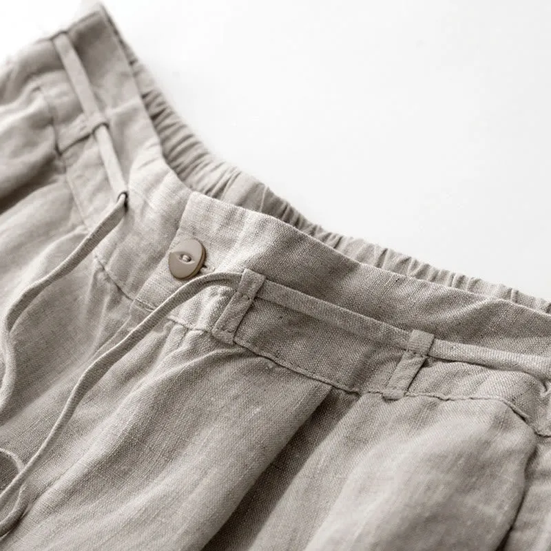Buddha Stones Summer Plain Color Ankle-Length Drawstring Cotton Linen Women's Wide Leg Pants With Pockets Zipper