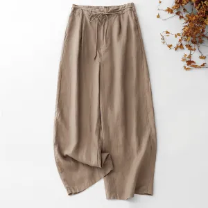 Buddha Stones Summer Plain Color Ankle-Length Drawstring Cotton Linen Women's Wide Leg Pants With Pockets Zipper