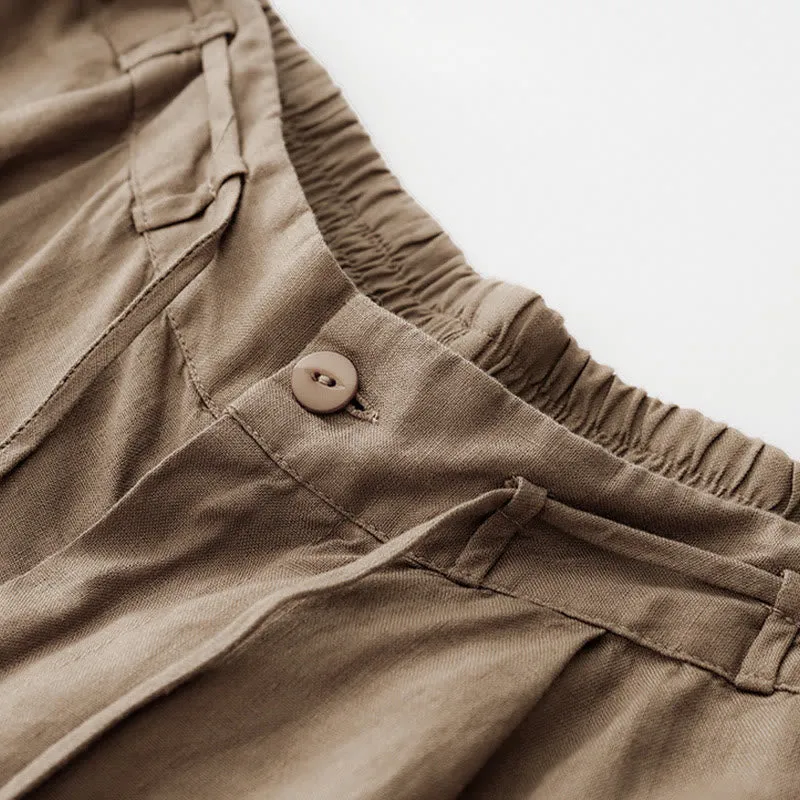 Buddha Stones Summer Plain Color Ankle-Length Drawstring Cotton Linen Women's Wide Leg Pants With Pockets Zipper