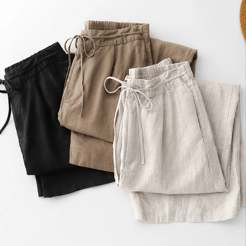 Buddha Stones Summer Plain Color Ankle-Length Drawstring Cotton Linen Women's Wide Leg Pants With Pockets Zipper