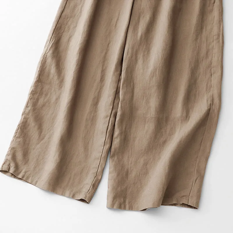 Buddha Stones Summer Plain Color Ankle-Length Drawstring Cotton Linen Women's Wide Leg Pants With Pockets Zipper