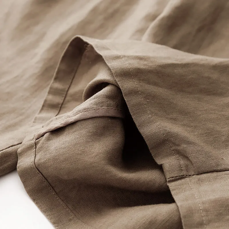 Buddha Stones Summer Plain Color Ankle-Length Drawstring Cotton Linen Women's Wide Leg Pants With Pockets Zipper