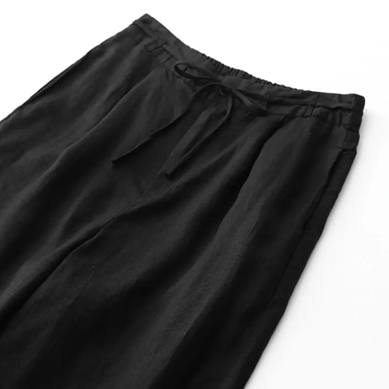 Buddha Stones Summer Plain Color Ankle-Length Drawstring Cotton Linen Women's Wide Leg Pants With Pockets Zipper