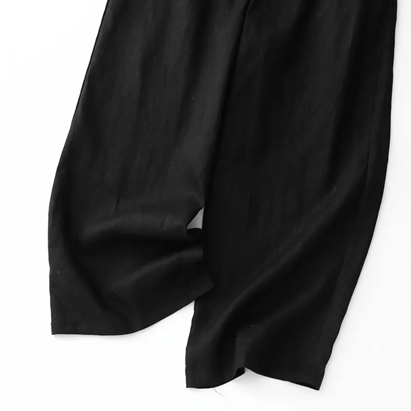 Buddha Stones Summer Plain Color Ankle-Length Drawstring Cotton Linen Women's Wide Leg Pants With Pockets Zipper