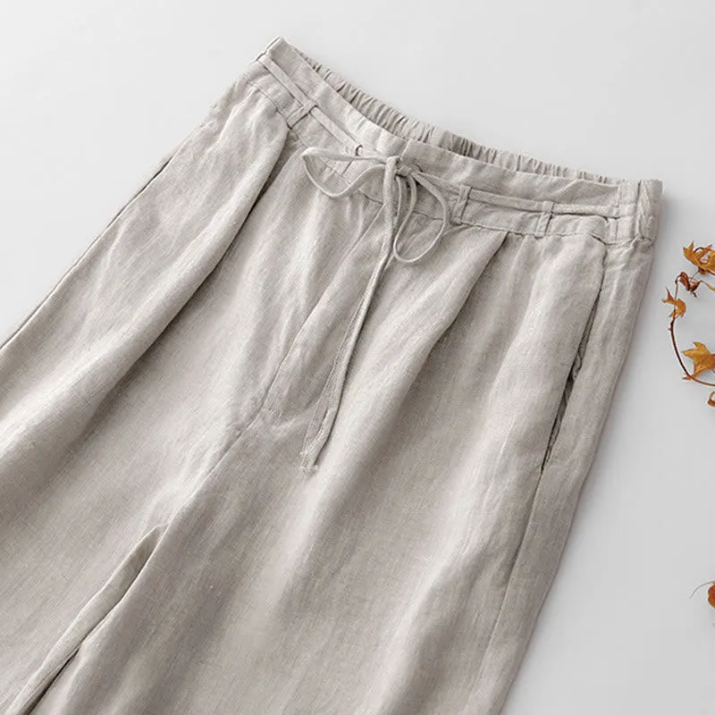 Buddha Stones Summer Plain Color Ankle-Length Drawstring Cotton Linen Women's Wide Leg Pants With Pockets Zipper