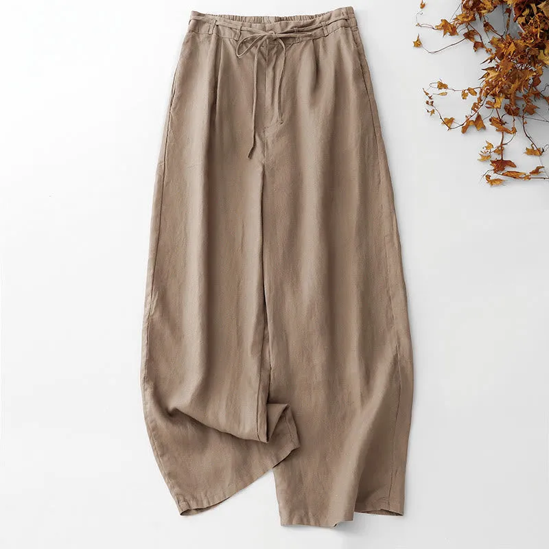 Buddha Stones Summer Plain Color Ankle-Length Drawstring Cotton Linen Women's Wide Leg Pants With Pockets Zipper
