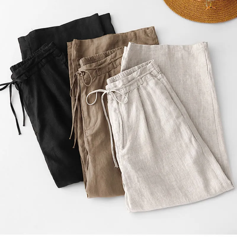 Buddha Stones Summer Plain Color Ankle-Length Drawstring Cotton Linen Women's Wide Leg Pants With Pockets Zipper