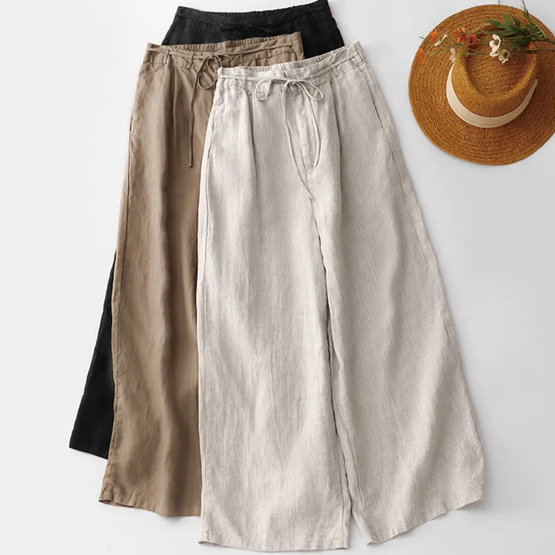Buddha Stones Summer Plain Color Ankle-Length Drawstring Cotton Linen Women's Wide Leg Pants With Pockets Zipper