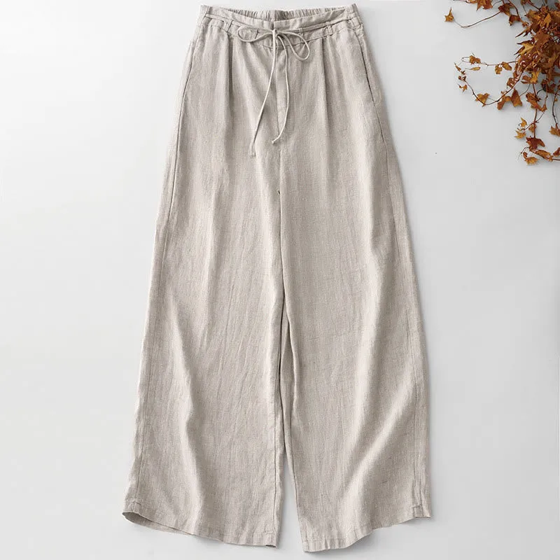 Buddha Stones Summer Plain Color Ankle-Length Drawstring Cotton Linen Women's Wide Leg Pants With Pockets Zipper