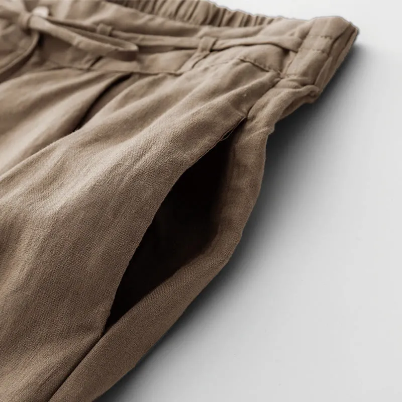 Buddha Stones Summer Plain Color Ankle-Length Drawstring Cotton Linen Women's Wide Leg Pants With Pockets Zipper