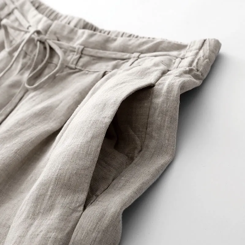 Buddha Stones Summer Plain Color Ankle-Length Drawstring Cotton Linen Women's Wide Leg Pants With Pockets Zipper