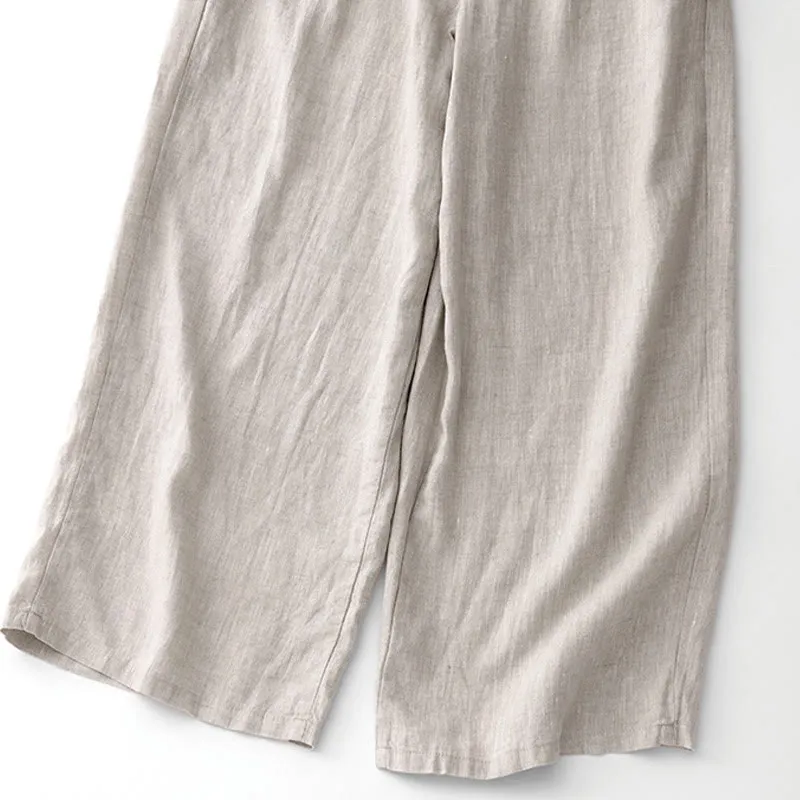 Buddha Stones Summer Plain Color Ankle-Length Drawstring Cotton Linen Women's Wide Leg Pants With Pockets Zipper