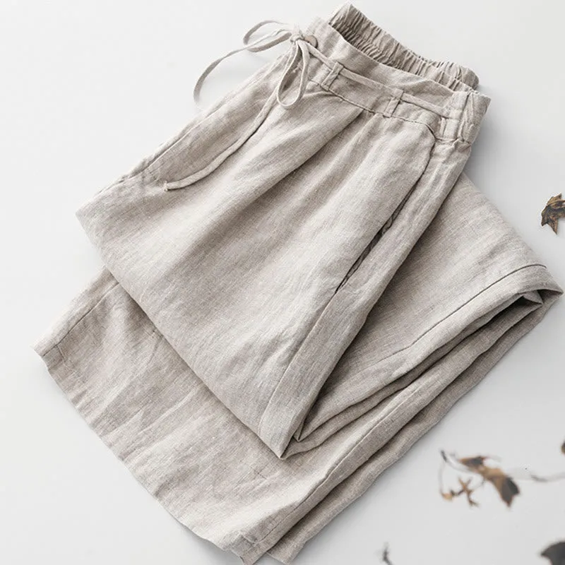 Buddha Stones Summer Plain Color Ankle-Length Drawstring Cotton Linen Women's Wide Leg Pants With Pockets Zipper