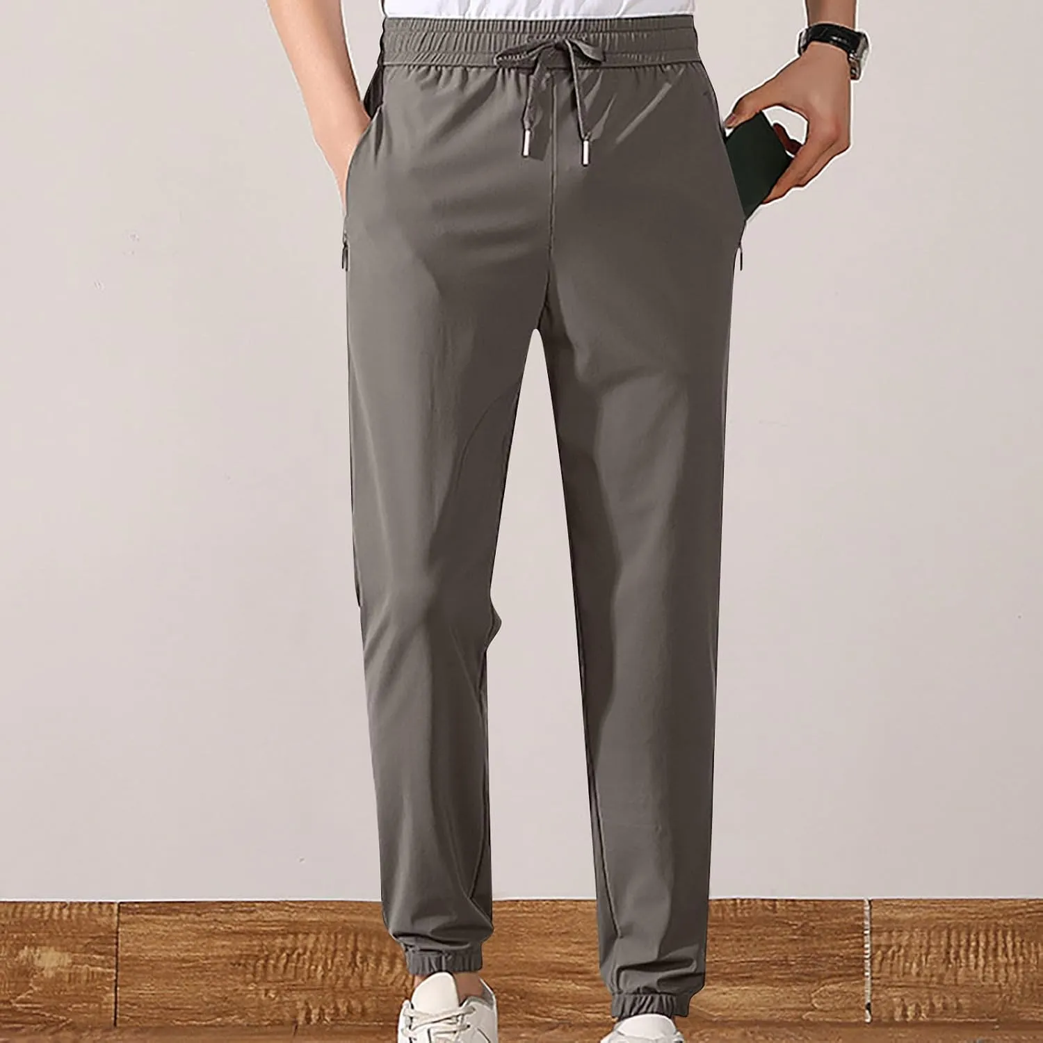 Casual Light Pants Men Belted Foot Pants Solid Sport Pants Relaxed Elastic Waist Pants Breathable Cool Pants