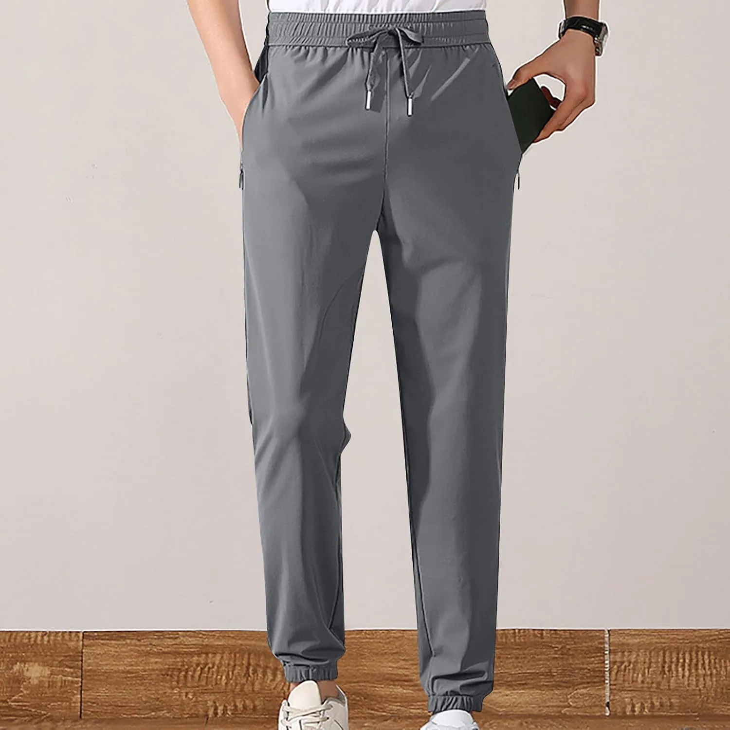 Casual Light Pants Men Belted Foot Pants Solid Sport Pants Relaxed Elastic Waist Pants Breathable Cool Pants