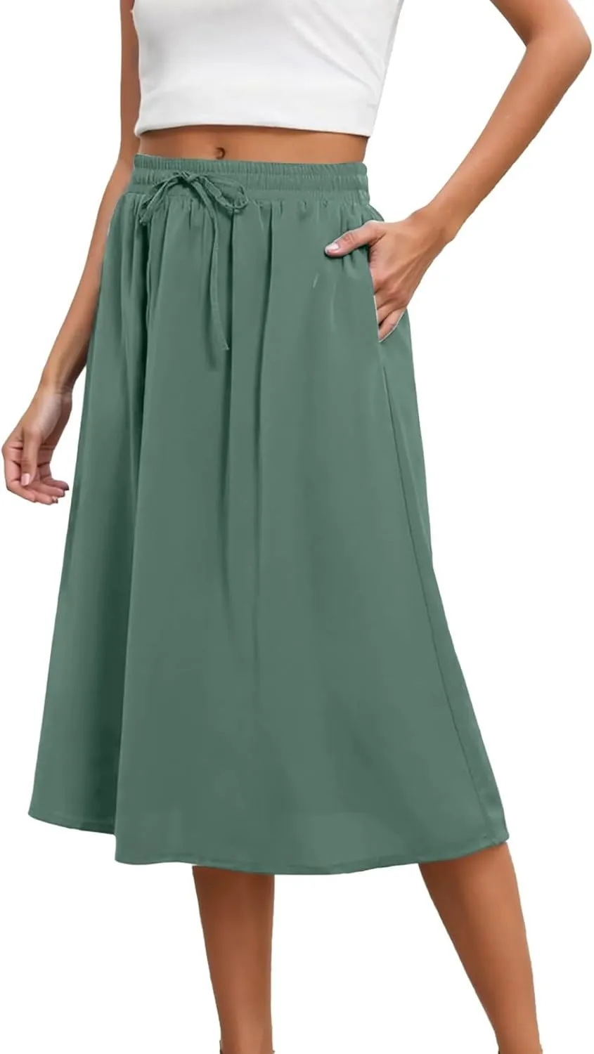 Casual Midi Skirts for Women Summer Comfy Drawstring Knee Length Skirts Trendy Elastic Waist Travel Skorts with Pockets