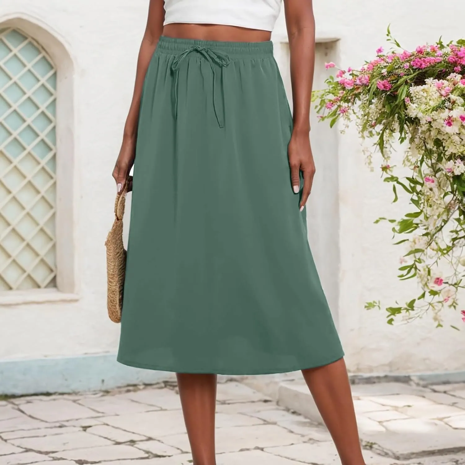 Casual Midi Skirts for Women Summer Comfy Drawstring Knee Length Skirts Trendy Elastic Waist Travel Skorts with Pockets