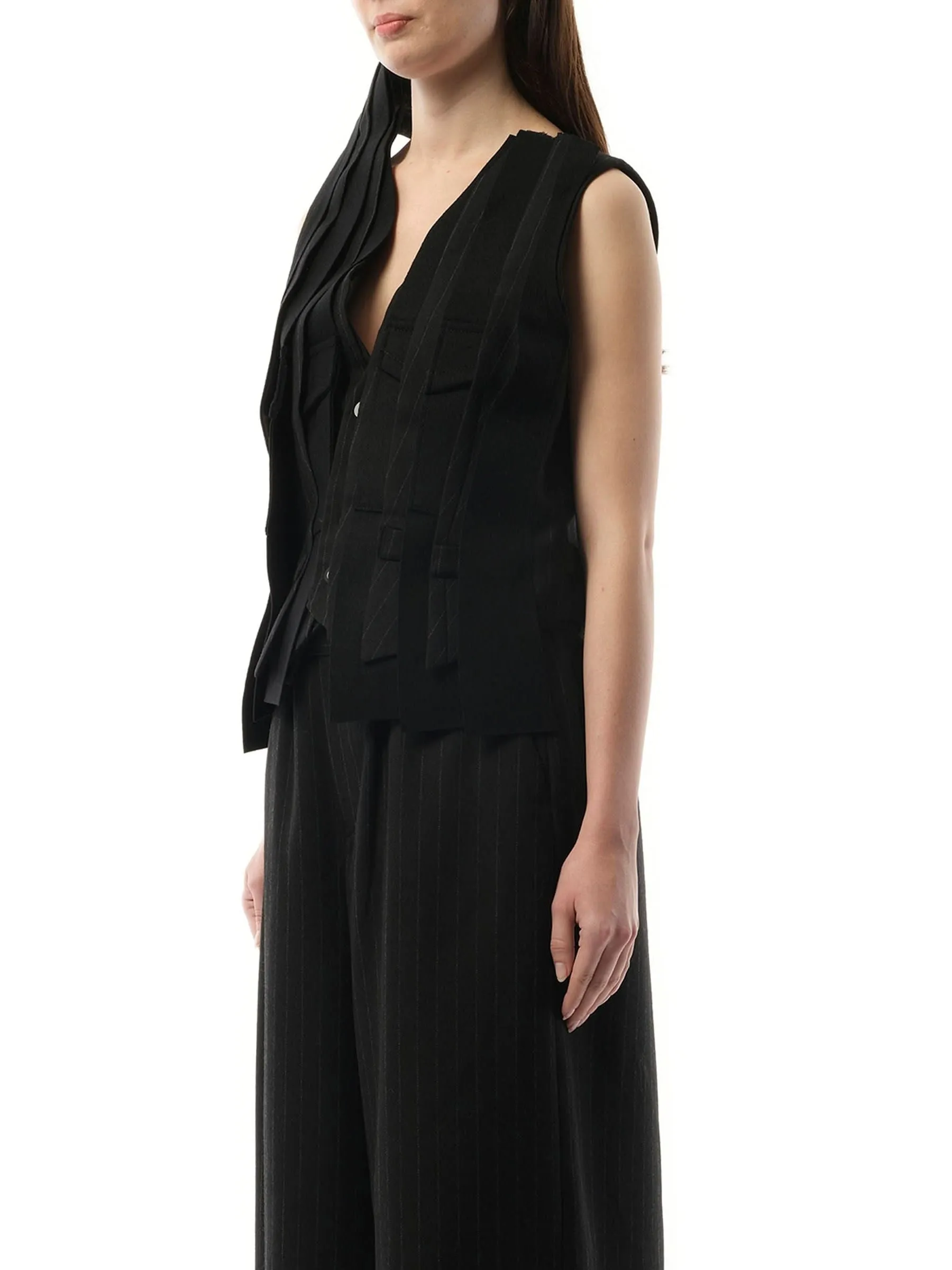 Chalk Stripe x Wool Melton Vest in Black