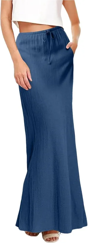 Cotton Linen Skirts for Women Maxi Length Summer Skirts Drawstring A-Line Casual Loose Flowy Ankle Long Beach Skirt