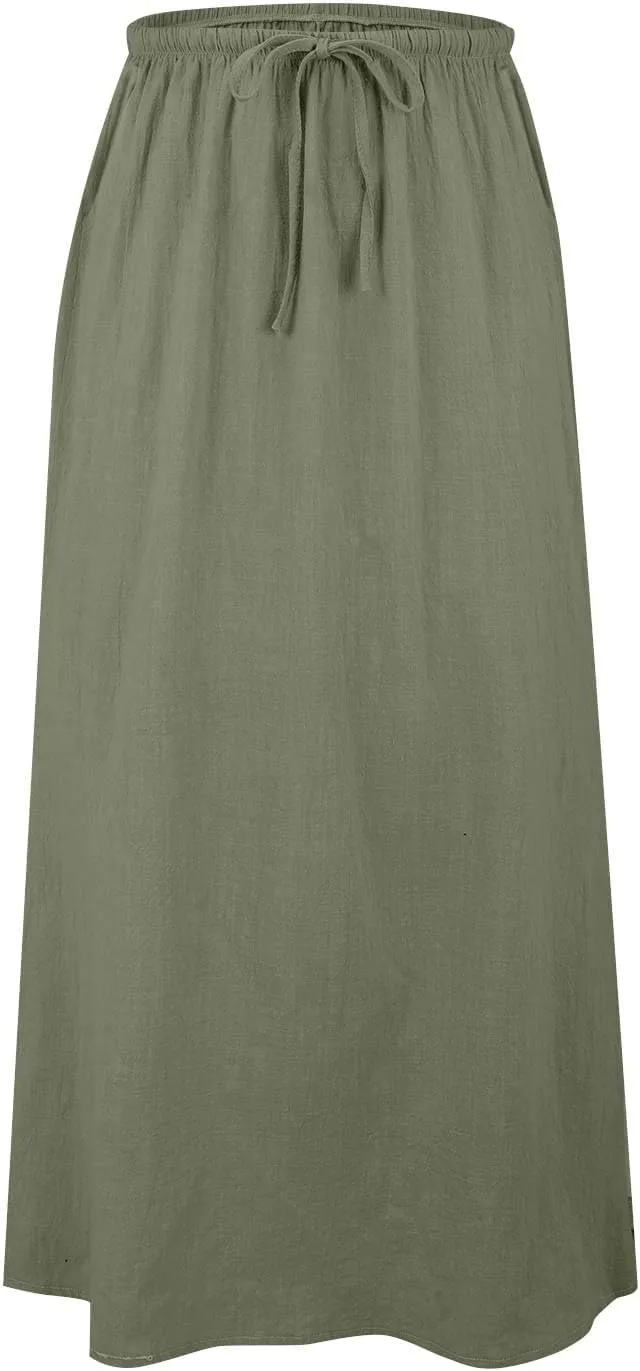Cotton Linen Skirts for Women Maxi Length Summer Skirts Drawstring A-Line Casual Loose Flowy Ankle Long Beach Skirt