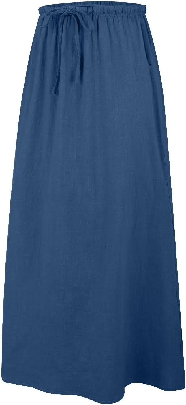 Cotton Linen Skirts for Women Maxi Length Summer Skirts Drawstring A-Line Casual Loose Flowy Ankle Long Beach Skirt