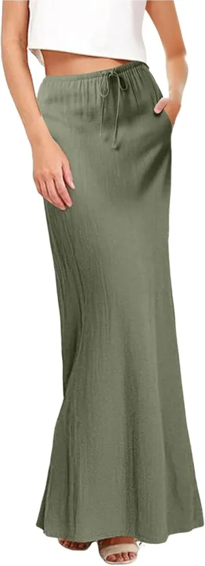 Cotton Linen Skirts for Women Maxi Length Summer Skirts Drawstring A-Line Casual Loose Flowy Ankle Long Beach Skirt