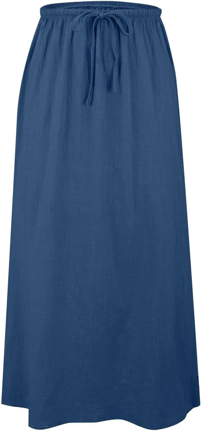 Cotton Linen Skirts for Women Maxi Length Summer Skirts Drawstring A-Line Casual Loose Flowy Ankle Long Beach Skirt