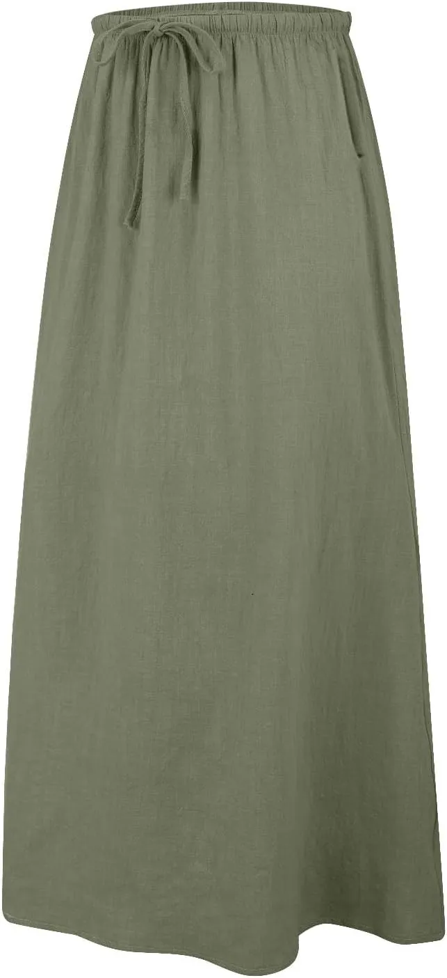 Cotton Linen Skirts for Women Maxi Length Summer Skirts Drawstring A-Line Casual Loose Flowy Ankle Long Beach Skirt